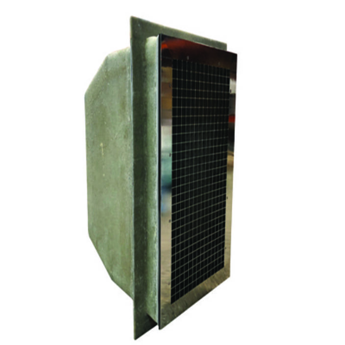 Rectangular metal-framed air vent with black square-grid grille recessed into a green fiberglass housing, angled slightly forward and isolated against a plain white background.