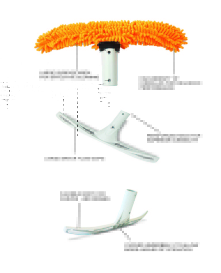 Orange chenille mop head and two white plastic attachment pieces are shown disassembled, arranged vertically as a product diagram with arrows and blurred callout text on a white background; labels are illegible.