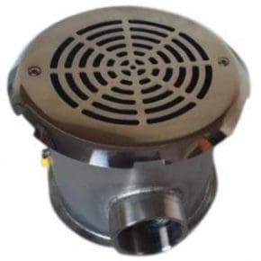 Round metal floor drain with concentric slotted grate sits upright, channeling water through a threaded side outlet, shiny stainless steel body intended for floor or shower plumbing installation.