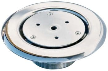 Circular polished stainless-steel drain cover with threaded skirt and central openings secured by three screws, resting flat on a plain white background.