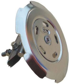 Circular chrome sink strainer assembly with mounting clamp and bolt, shown tilted to reveal slotted perforations and central screw, isolated on a plain white background.
