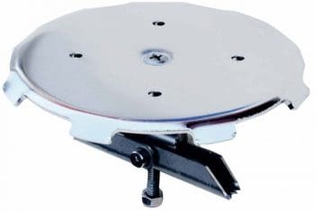 Round chrome-plated mounting plate attached to an adjustable black steel clamp with a tightening screw, shown isolated on a plain white background.