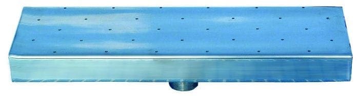 Rectangular chrome showerhead features evenly spaced small nozzles across its flat surface, designed to spray water; sits facing down with a central threaded connector, shown on a white background.