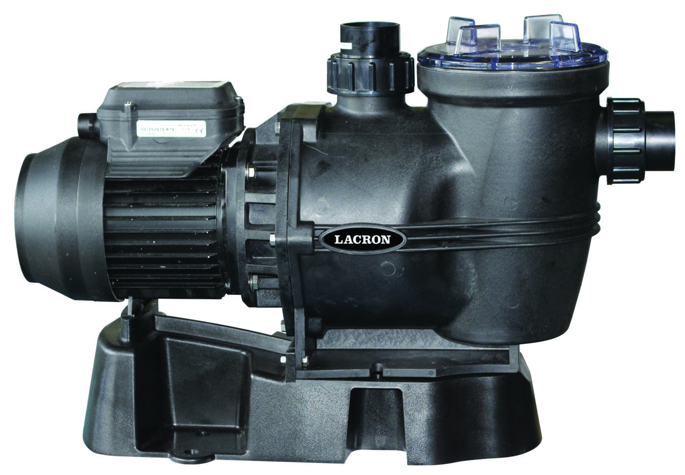 Black pool pump labeled LACRON pumps water, electric motor on the left connected to a strainer housing with clear lid and pipe fittings, all mounted on a molded plastic base.