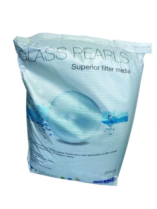 A white woven sack of filter media stands upright on a light background, displaying a blue water-sphere graphic. Text on bag: GLASS PEARLS; Superior filter media; 20KG; WATERCO