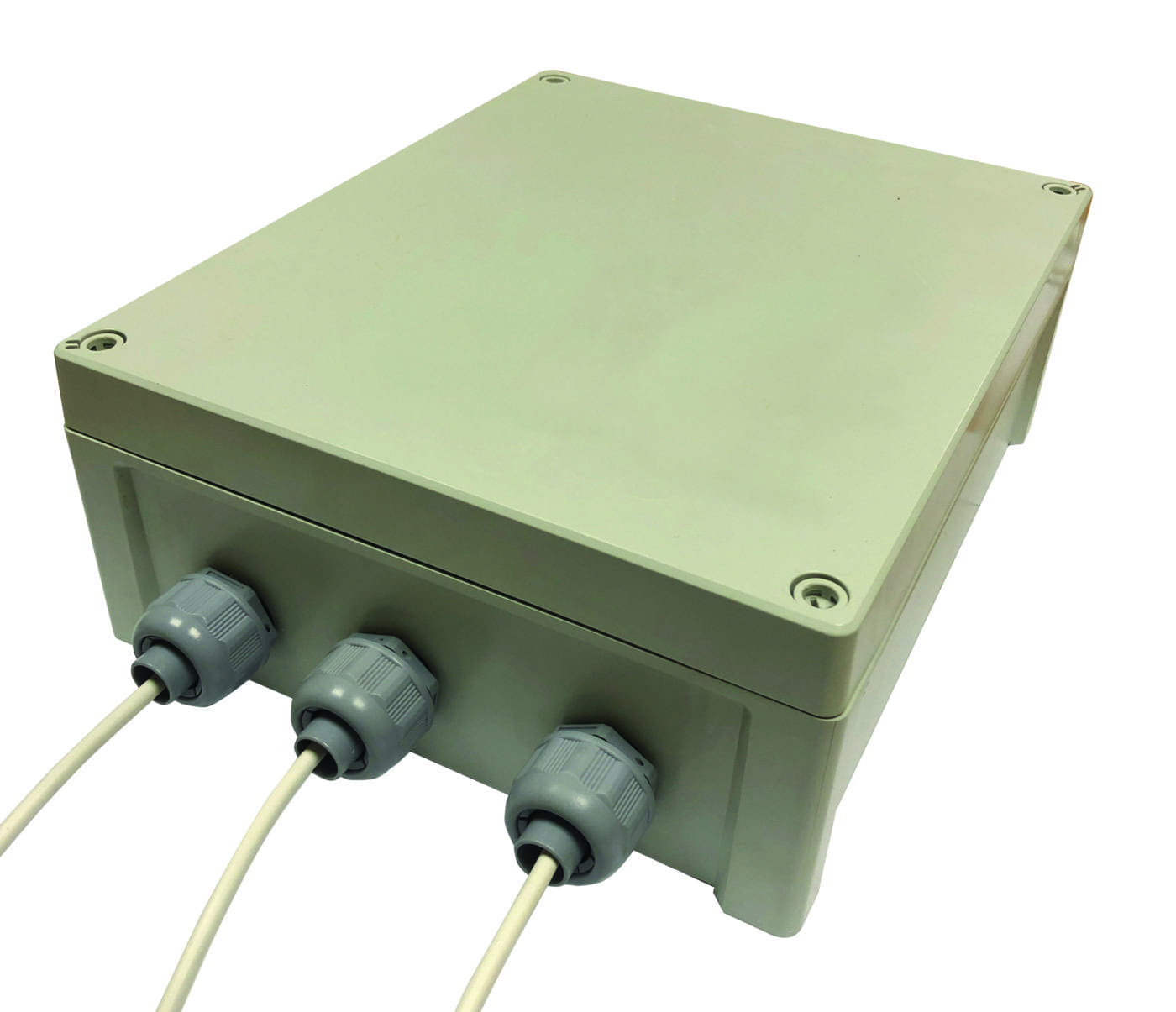 A rectangular beige outdoor electrical junction box sits angled on a white background, three grey cable glands secure white cables into its front face, screw-fastened lid with rounded corners.