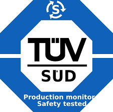 TÜV SÜD logo centered in a white octagon on a blue octagonal field, circular-arrow emblem above; bold "TÜV" over "SÜD" with small text "Production monitor Safety tes".