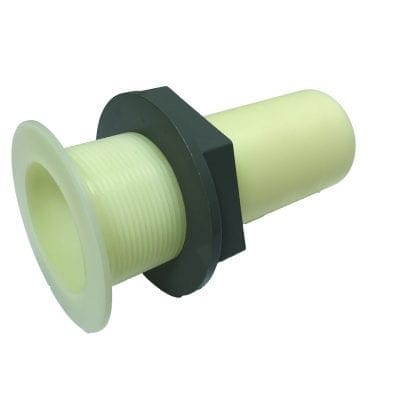 A pale yellow plastic threaded bulkhead fitting with a flared flange and tapered spigot, secured by a dark hexagonal nut, shown against a plain white background.