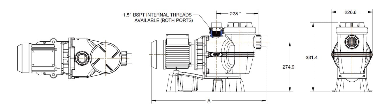 Motor-driven centrifugal pump assembly shown in three orthographic views; motor turns a volute pump housing mounted on a base in a technical drawing with dimensional callouts. Text: 1.5" BSPT INTERNAL THREADS AVAILABLE (BOTH PORTS) 228 * 226.6 274.9 381.4 A