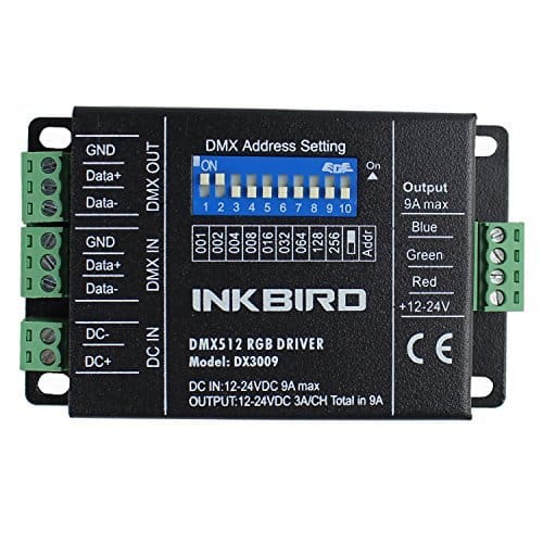 Black INKBIRD DMX512 RGB driver unit showing DMX address DIP switches and green terminal connectors on a white background; Text on device: DMX Address Setting ON 1 2 3 4 5 6 7 8 9 10 001 002 004 008 016 032 064 128 256 Addr INKBIRD DMX512 RGB DRIVER Model: DX3009 DC IN:12-24VDC 9A max OUTPUT:12-24VDC 3A/CH Total in 9A DMX OUT GND Data+ Data- DMX IN GND Data+ Data- DC IN DC- DC+ Output 9A max Blue Green Red +12-24V CE