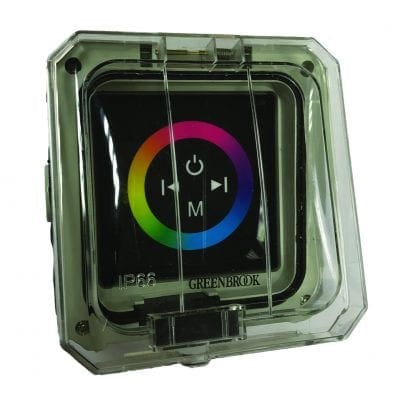 Square waterproof RGB touch controller in clear plastic enclosure displays multicolor ring and central power symbol with left and right arrows and M button, labeled IP66 GREENBROOK