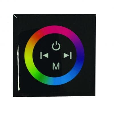 Square black touch panel with a circular rainbow color ring, central icons showing power symbol, left and right arrows, and letter M, resembling an LED strip controller on white background.