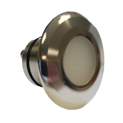 Round metal push button LED indicator sits at an angle on a white background, revealing a brushed steel bezel, frosted diffuser and threaded tail with rubber O ring for mounting.