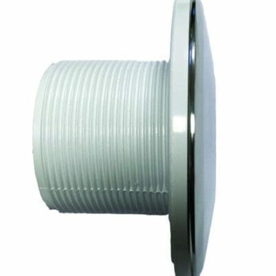 White plastic threaded bulkhead fitting rests sideways, showing a ribbed cylindrical body and a smooth circular flange with chrome trim, photographed against a plain white background.