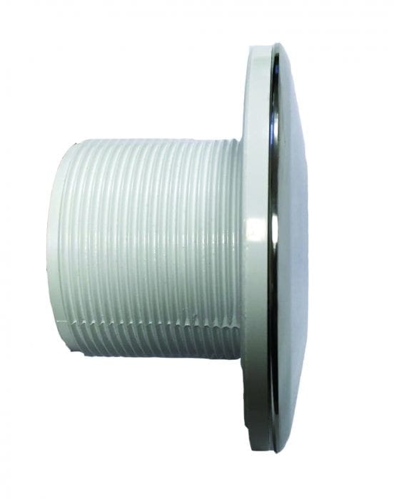 White plastic threaded bulkhead fitting rests sideways, showing a ribbed cylindrical body and a smooth circular flange with chrome trim, photographed against a plain white background.