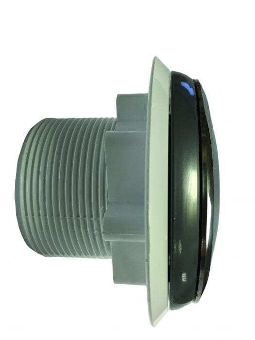 A gray threaded plastic plumbing fitting with a white flange and black glossy trim sits horizontally against a white background, shown in profile highlighting threads and sealing lip.