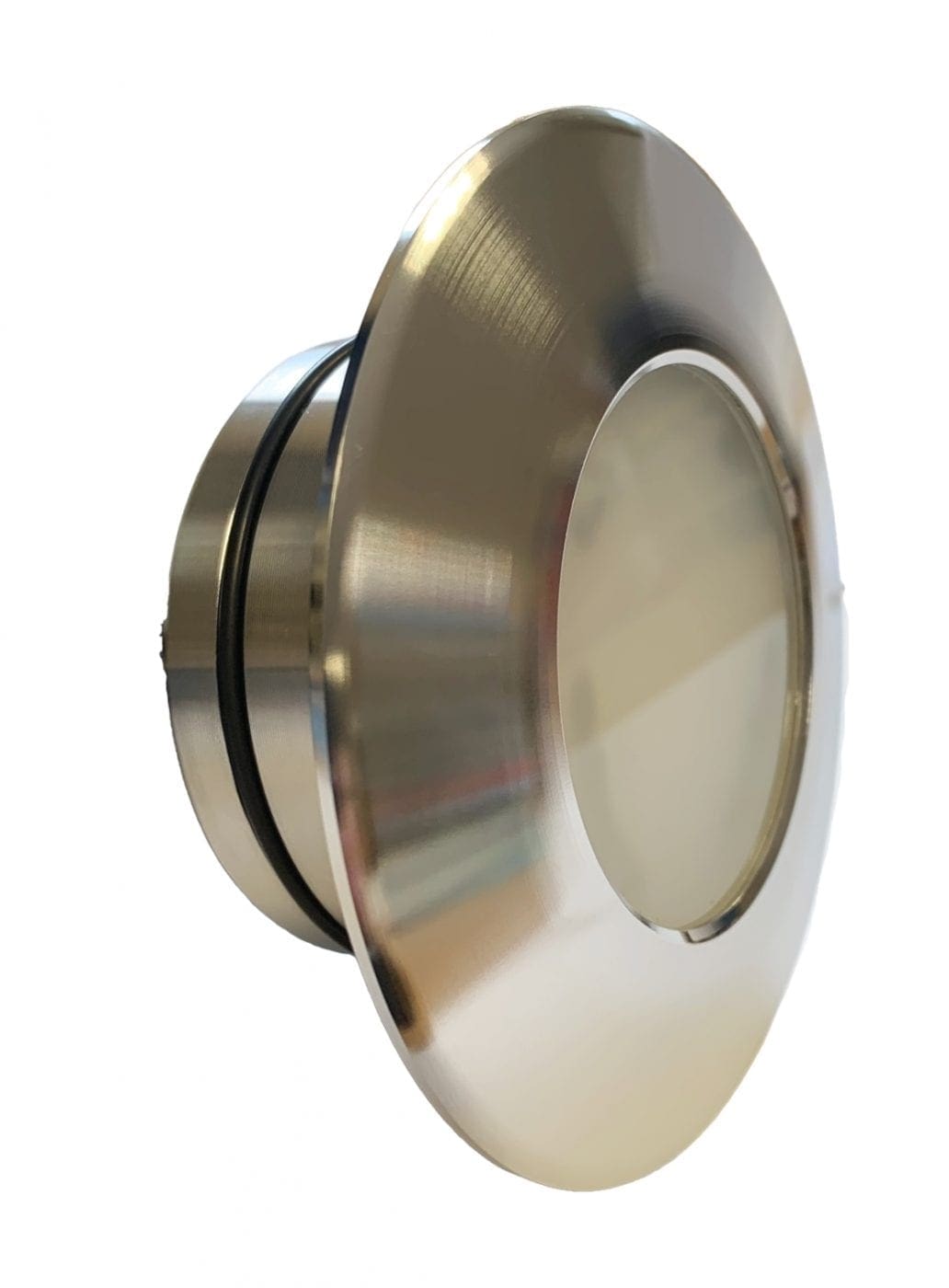 Round brushed stainless-steel recessed light trim sits angled, revealing a frosted glass lens and black rubber gasket around the cylindrical housing, photographed isolated against a plain white background.