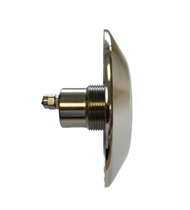 Chrome circular escutcheon plate with threaded cylindrical connector and small hexagonal nipple projecting sideways, photographed in profile against a plain white background.