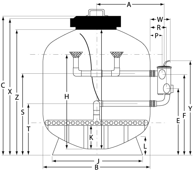 A vertical domed pressure vessel (object) with internal piping and a perforated distributor plate routing fluid between inlet/outlet connections (action) shown as a dimensioned engineering drawing (context). Text: A, W, R, P, C, X, Z, S, T, H, K, L, J, B, Y, E, F.