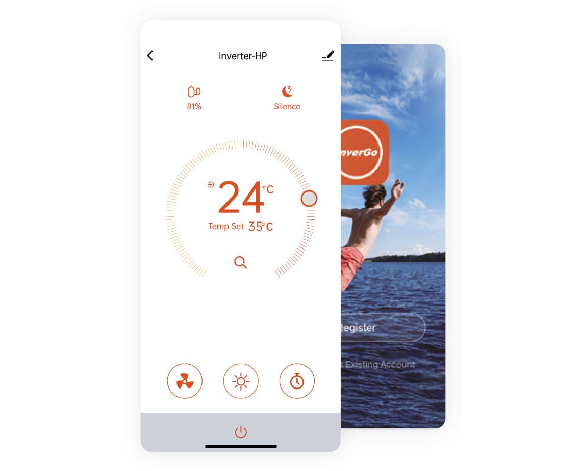Inverter-HP thermostat dial shows 24°C, Temp Set 35°C, 81% battery, Silence; mobile UI with fan/sun/timer icons overlays a lake photo with text Register and Log in to Existing Account