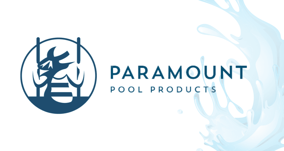 Logo depicting a stylized swimmer integrated with a ladder inside a circle sits left of the words PARAMOUNT POOL PRODUCTS; dark teal emblem on white background with pale blue water-splash graphic at right.