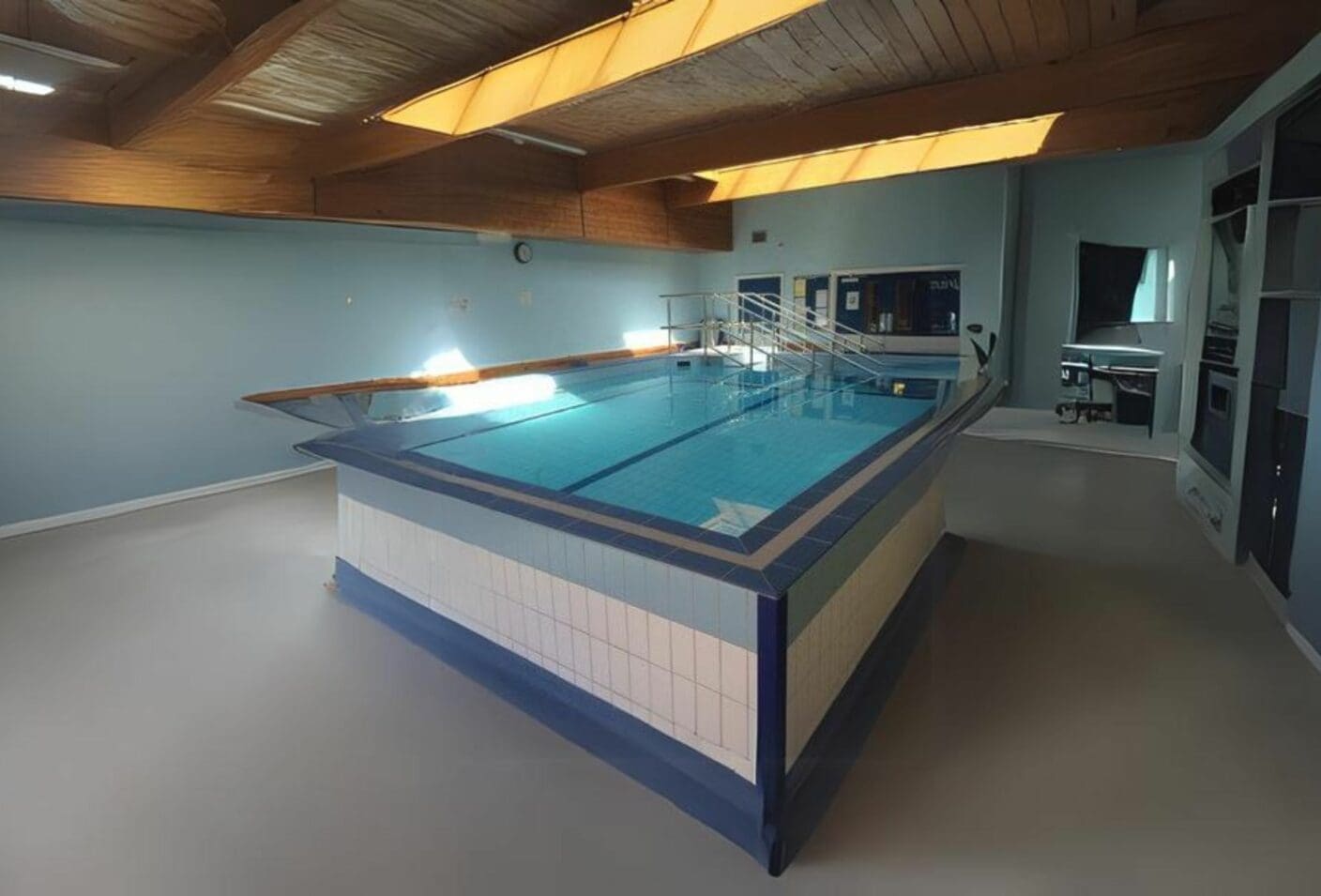 Rectangular indoor pool filled with clear blue water reflecting skylights, with metal handrails and tiled edges, set in a pale-blue room under wooden ceiling beams with an adjacent office window.