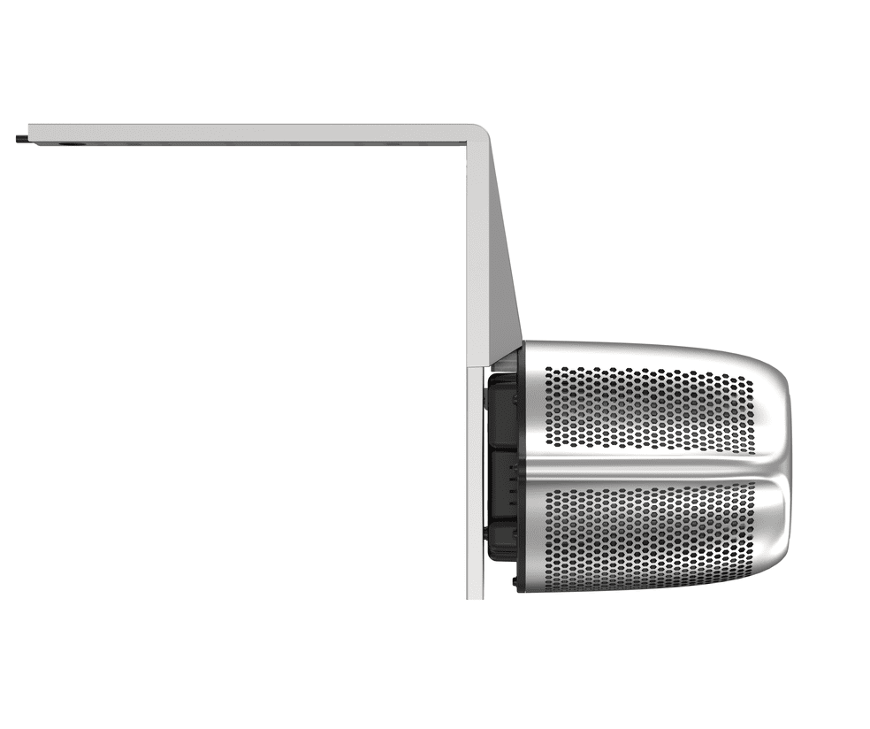 Slim horizontal desk arm connects to a vertical mount, where a dual cylindrical perforated silver speaker is attached sideways, set against a clean white background.