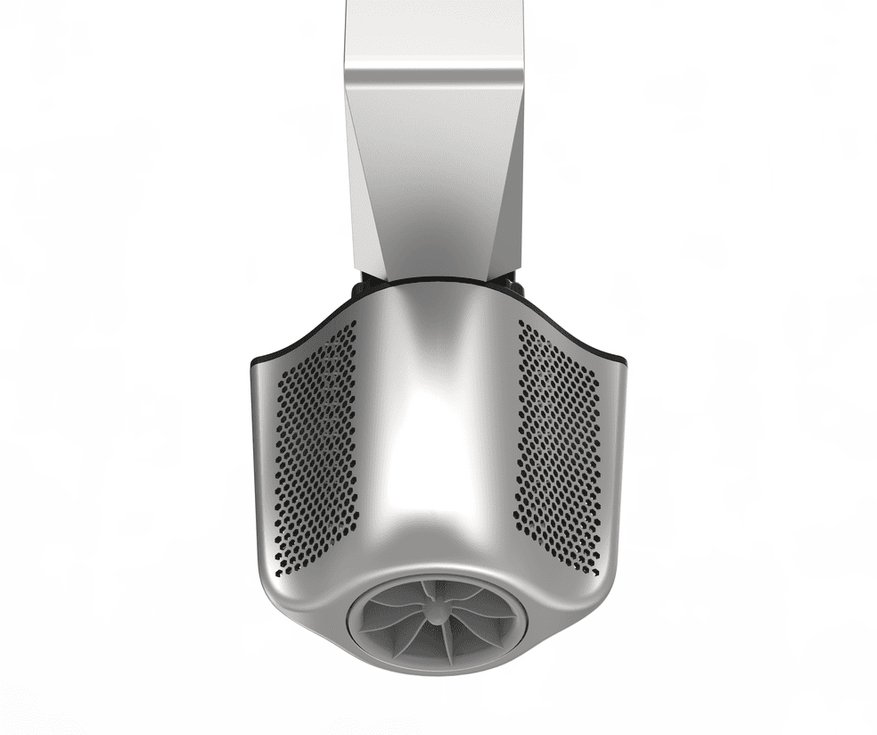 Overhead metallic jet-style fan assembly mounted to a rectangular arm, visible turbofan at bottom and perforated intake panels on a smooth curved housing against a white background.
